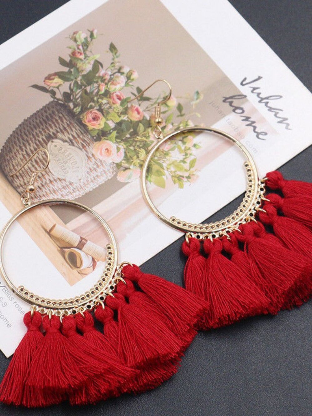 Red Fashion Jewelry Bohemian Hoop Earrings Handmade Tassels